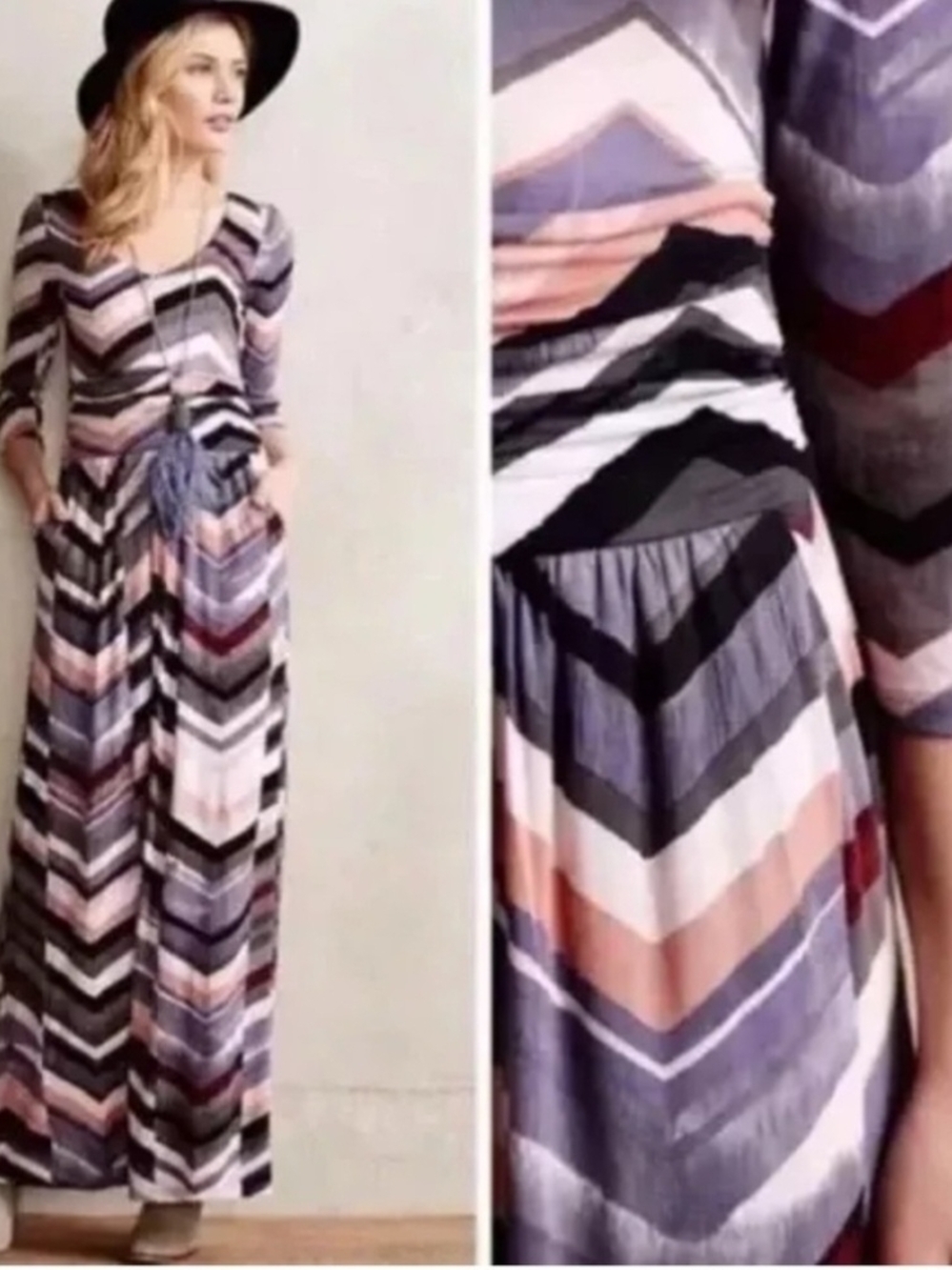 Striped Chevron Maxi Dress in Pink, Gray & Black